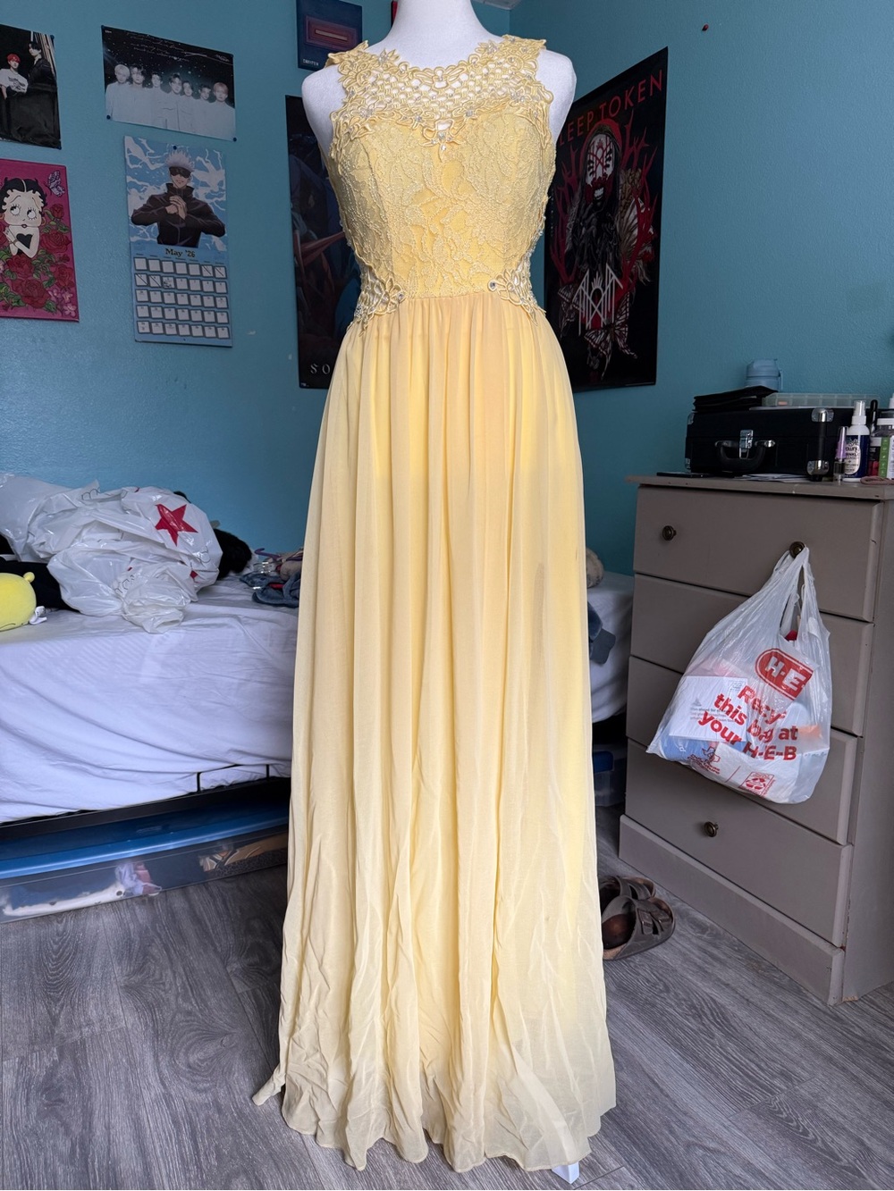 City Studio Lemon Yellow Lace Bodice Maxi Dress